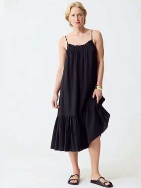 J. CREW Ruffle Beach Midi Dress in Airy Gauze Cotton Black Large/XL NEW